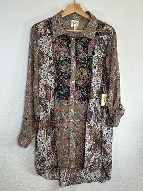NEW Fig and Flower Sheer Button Down Top Paisley Boho Womens XL Long Sleeve